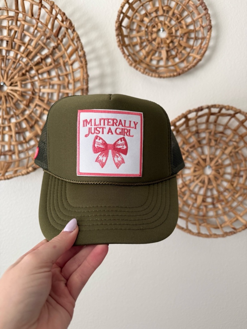 Olive Green Trucker Hat with Pink Patch - I'm Literally Just a Girl